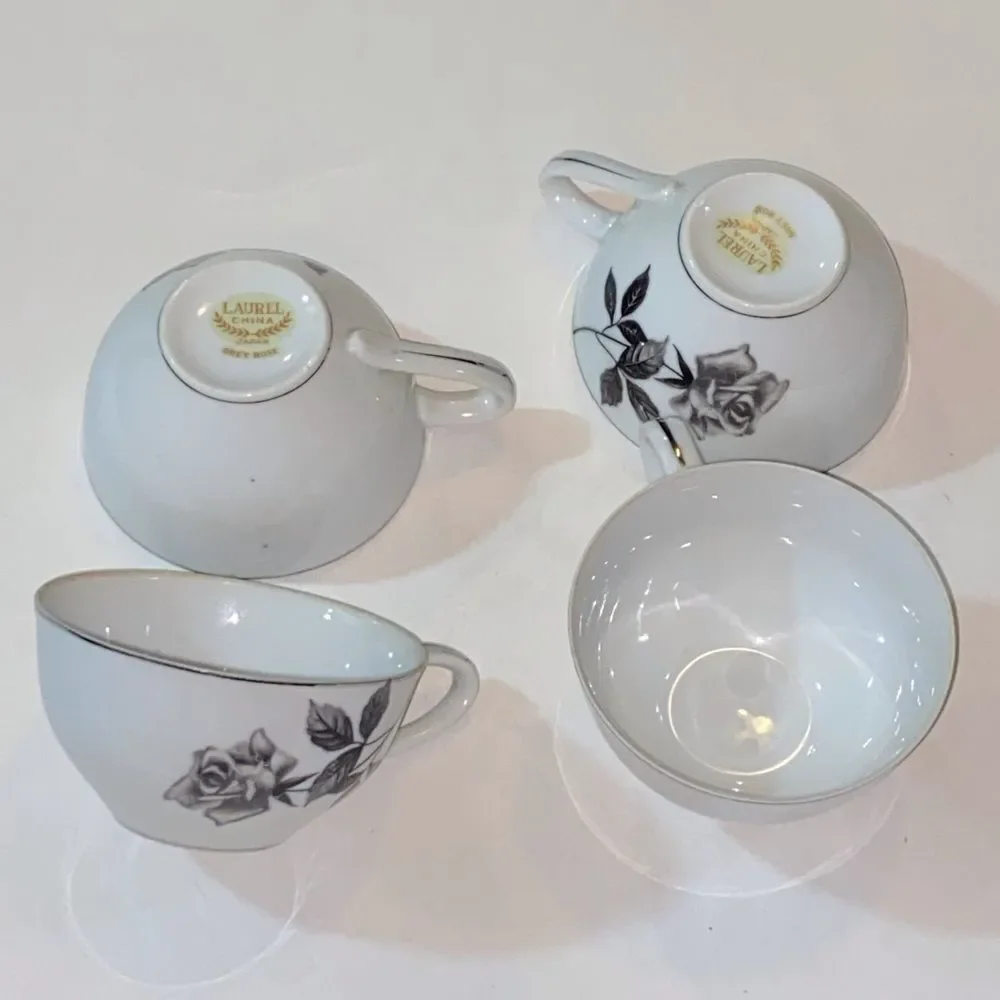 Laurel China & Japan Grey  Rose Chic White Teacups with Black Floral Design Set4